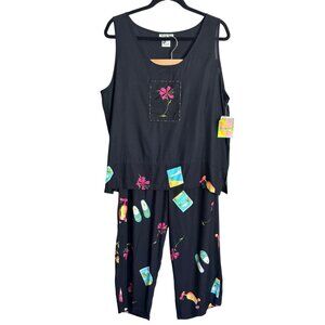 Mango Bay Two-Piece Set Womens XL Black Colorful Floral & Travel Print Rayon